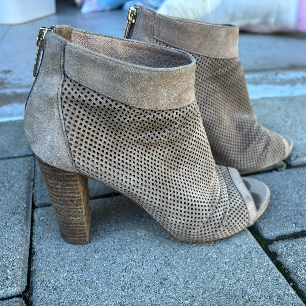 Vince Camuto Suede Beige Peep-Toe Ankle Booties